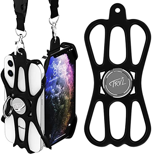 TRV TRVLtech Phone Lanyard | Universal Cell Phone Lanyard Case Around the Neck Finger Ring Holder Stand | Perfect iPhone & Most Smart Phones | Fits & Holds 4 6.5 Cell Phones - BlackÂ 