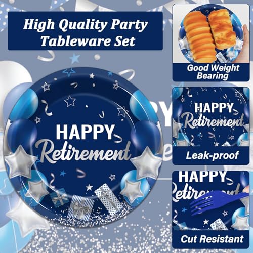 Image of gisgfim 96 Pcs Retirement Plates and Napkins Party Supplies Paper Happy Retirement Party Tableware Set Blue Silver Decorations Favors for Men Women for 24 Guests