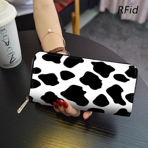 Image of RFID Blocking Leather Wallet for Women - Large Capacity Zip Around Clutch with 8 Card Slots,33 Cash Pockets & Coin Zipper,Cow Print