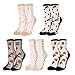 Benefeet Sox 5 Pairs Sheer Thin Mesh Lace Socks for Women - Transparent See-Through Ankle Colorful Nylon Floral Patterned Vintage Jacquard Crystal Glass Flower Fashion Crew