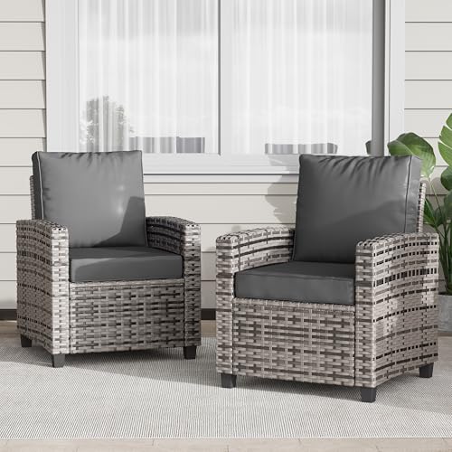 BUPPLEE 2 Pieces Patio Furniture Set Outdoor Wicker Chairs Set of 2 All Weather High Back Rattan Chairs Seating Club Chair Porch Chairs Set with Cushions for Balcony Porch Deck Grey2