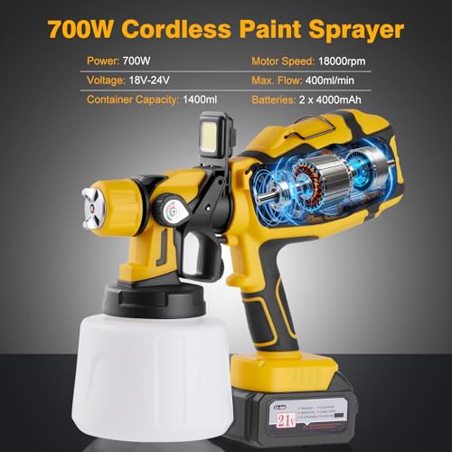 Image of Cordless Paint Sprayer with 2 Batteries, 700W Paint Gun, Yellow | Includes 2 x 4.0Ah batteries, 1400ML container, 3 brass nozzles and cleanup tools for furniture and DIY painting