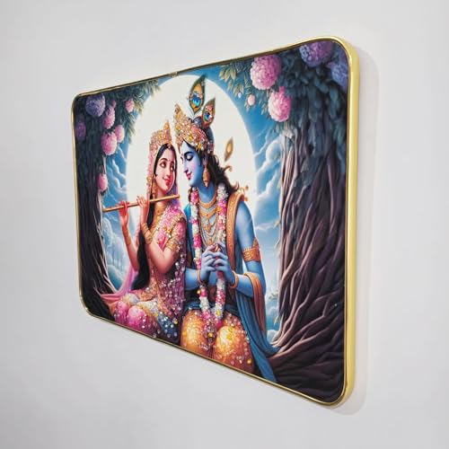 Image of Masstone Radha Krishna Crystal Embedded High Gloss Wall Painting, Golden Slim Frame, 45x30 Cm Wall Art for Living Room, Bedroom, Office & Home Decor (CRG02)