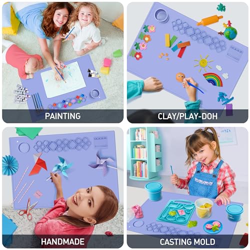 Image of FINFINLIFE XL Silicone Paint Mat for Kid, 24 inchx16 inch Painting Station for Christmas Gift, Silicone Art Mat for Crafts with Paint Brush Cleaner Tray Palettes, Painting Brushes Mini Canvas Easel (Purple)