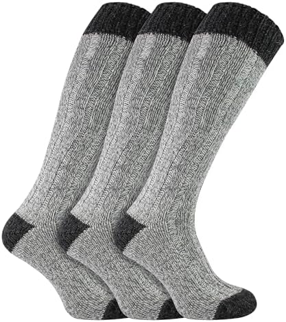 Workforce - 3 Pairs Mens Extra Long Knee High Thick Warm Wool Rich Knitted Boot Socks (WFH0035GRY)(Size: 6-11 UK)
