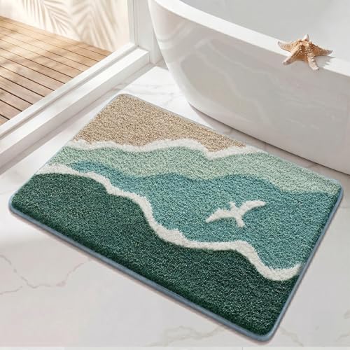 Coastal Bath Mat, Seagull Shore Serene Design, Non-Slip Absorbent Bathroom