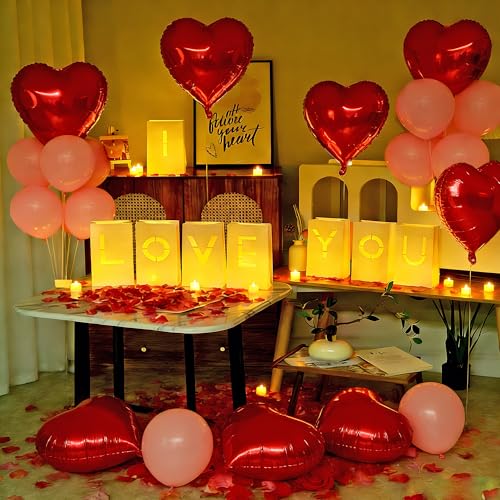 I Love You Light Up Letters with Tea Lights Candles Rose Petals Heart Balloons Luminary Paper Bags for Romantic Valentines Wedding Anniversary Banner Sign Decorations to Loved One(2068Pcs)
