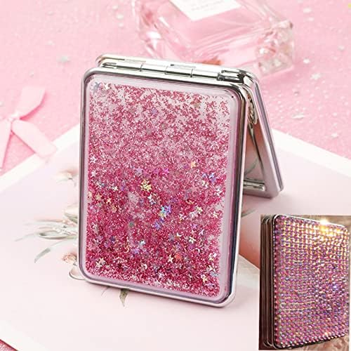 Reabhpy Compact Mirror, Quicksand Pocket Mirror Square with Blingbling Diamond Foldable Fashion Hand Mirror 1X/2X for Purses and Travel Women Girls Gifts (Pink)