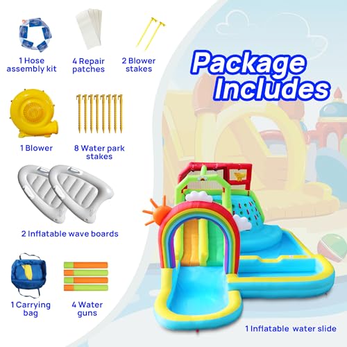 WELLFUNTIME Double Slide Inflatable Park with Blower, Rainbow Water Curtain Bouncy Castle with Shooting and Rock Climbing - Image 5
