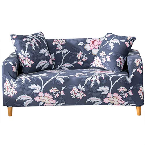 Funda para sofá con diseño moderno de 1/2/3/4 plazas, antideslizante, funda elástica para sofá y protector para mascotas, lona, Peonía-gris oscuro, 3 Seater Slipcover+1pcs Pillowcase