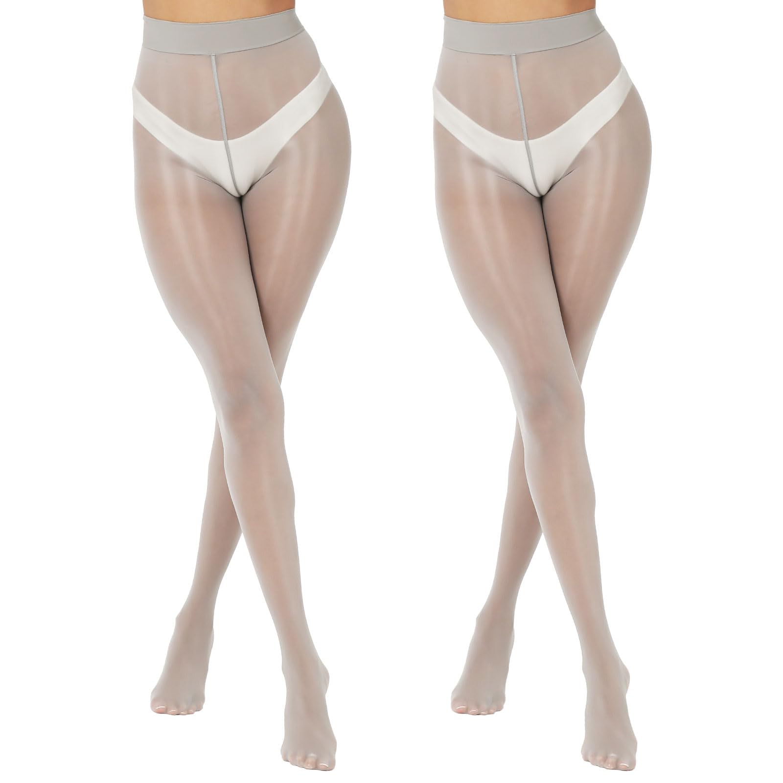MANZI Women Oily Tights Shiny Gloss Pantyhose 15D 2 Pairs,Grey,L-XL