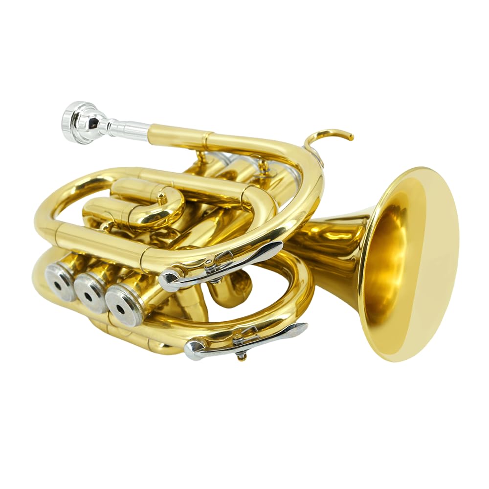 Trompette de poche en laiton nickelé avec embouchure 7C, kit de nettoyage, étui de transport, gants pour débutants/étudiants (doré)