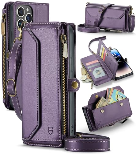 Strapurs Crossbody for iPhone 14 Pro Case Wallet?RFID Blocking? with 7-Card Holder Zipper Bills Slot, Soft PU Leather Magnetic Wristlet Shoulder Strap for iPhone 14 Pro Wallet Case for Women, Purple