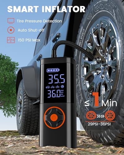 Image of Jump Starter with Air Compressor, Jump Battery, Battery Jumper Starter Portable Jump Starter with LCD Display, Smart Jumper Cables, LED Light (Black)