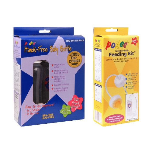 Image of Hands-Free Baby Bottle - Self Feeding System 9 oz (2 Pack - Podee Classic) + Convert-A-Bottle Hands-Free Self Feeding Kit