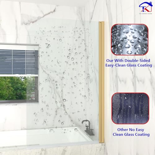 T&K Shower Screen 900x1400mm Pivot Bath Screen Panel Gold Round Edge 5mm Toughened Double-Sided Easy Clean Glass Bathroom Shower Door - Image 4