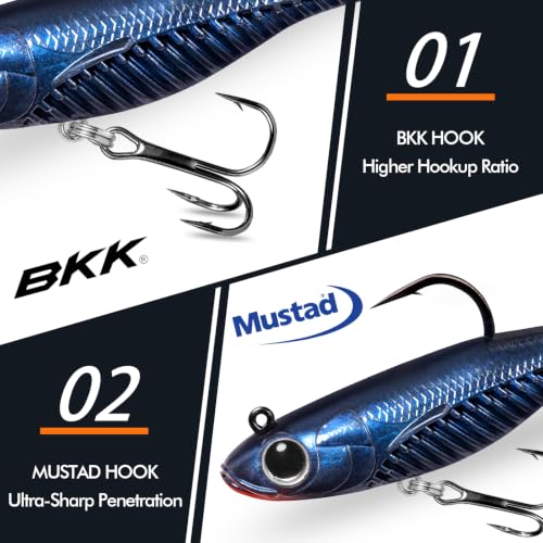 Image of TRUSCEND Duramax TPE Soft Fishing Lures with BKK Hooks, Easy Catch Curly & T-Tail for Trembly Sinking & Vibrating Swim, UV or Glow Effect for All Conditions, Pre-rigged Swimbait for Bass Trout Crappie
