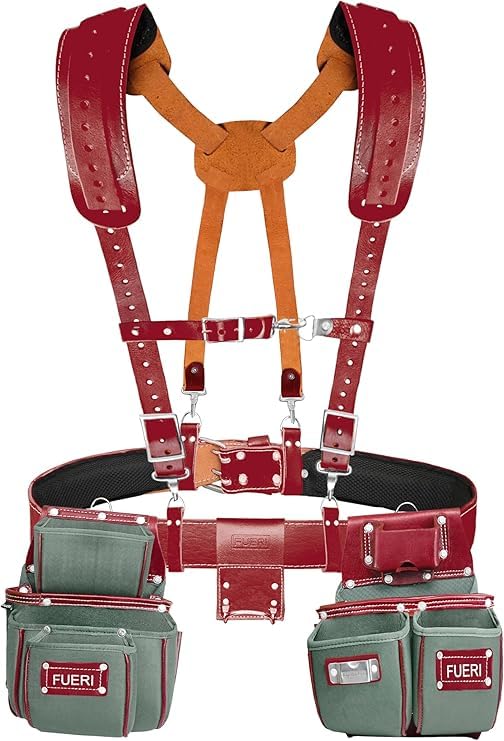 FUERI Tool Belt for Men made with Heavy Duty 1680-D Double Layer Nylon & Grain Leather comes with Suspender, Adjustable Padded Belt, 19 Pockets