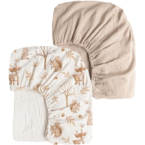 Image of Konssy Muslin Crib Sheets 2 PCS, 100% Cotton Baby Crib Sheets for Standard Crib Mattress (28"x 52"), Soft and Breathable for Boys, Girls (Fall Forest,Wheat)