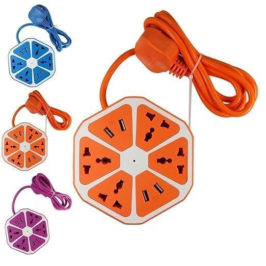 Image of Hexagon Extension Board with 4 USB Ports, 2500W Power Socket, 1 Mtr Surge Protection Cord, Multi-Faced Safety Outlets