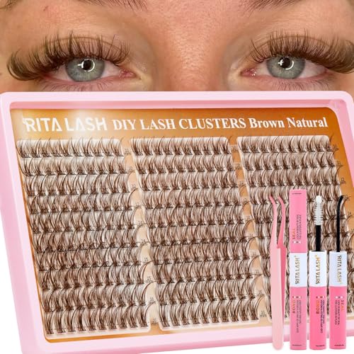 Brown Cluster Lashes Kit Eyelash Clusters Brown Lashes Kit Natural Dark Brown Lash Clusters Kit Lash Extension Kit 10-16mm Wispy 300pcs Eyelashes Cluster with Lash Bond&Seal Tweezers(Brown Lash Kit)