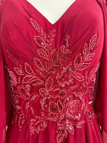 Lace Chiffon Mother of The Bride Dresses 2025 with Slit Sequin Beaded Formal Dresses V Neck Evening Gown with Cape Sleeve4