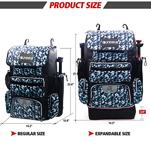 Zoea Super Large Expandable Bat Pack, Baseball Bat Bag Backpack, T-Ball & Softball Equipment & Gear For Youth And Adults, Large Capacity Holds 4 Bats,2 Drink Pockets , Helmet, Gloves, Cleats,Shoes Compartment (Navy/Blue) #TOP2