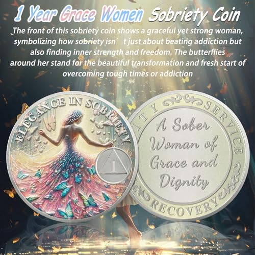 artsy grace women 1 year sobriety coin - recovery butterfly aa coins - sister power addiction na aa chips and medallions - celebrate 1-10 years narcotics alcoholics anonymous gifts for men women