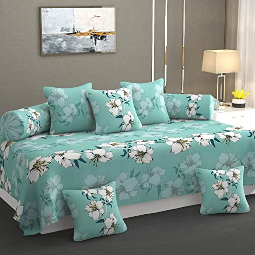 Image of NHD HOME diwan Set for Living Room, diwan Set Covers Glace Cotton, diwan Set 8 Pieces (1 Single Bedsheet, 5 Cushion Covers, 2 Bolster Covers) (Color-Aqua & White) Floral