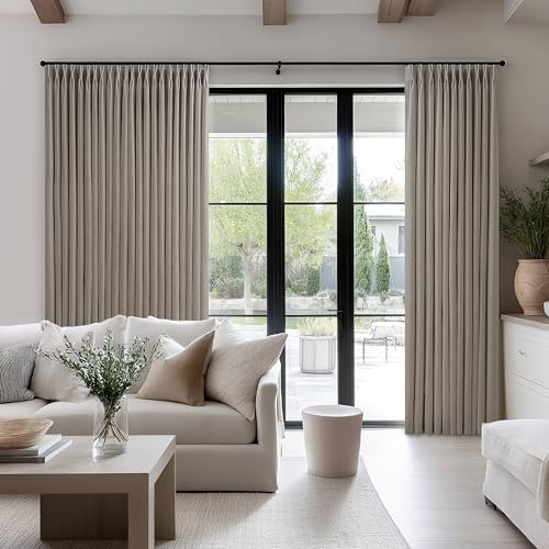 Image of 96 Inch Curtains 70 Inch Width Pinch Pleated Thick Linen Taupe 1 Panel | Light Filtering, Privacy, Semi Sheer, Extra Wide, Patio Sliding Glass Door, Hooks Rings, Back Tab, Living Room, 70x96 Drapes