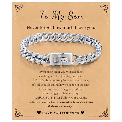 XUANPAI To My Son Bracelet from Mum - Bracelets for Men Anniversary Birthday Gifts for Christmas Silver for Men Stainless Steel Cuban Link Mens Bracelet 21cm