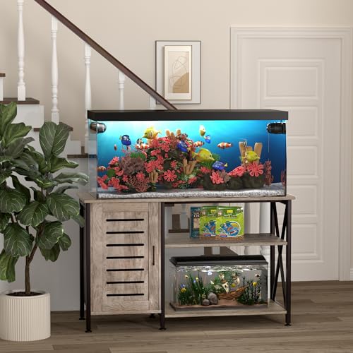 Image of Herture 55-75 Gallon Fish Tank Stand, Aquarium Stand with Power Outlets and Cabinet for Fish Tank Accessories Storage, Heavy Duty Metal Frame, 52 inch L*19.68 inch W Tabletop, 1200LBS Capacity, Grey PG05YGZ