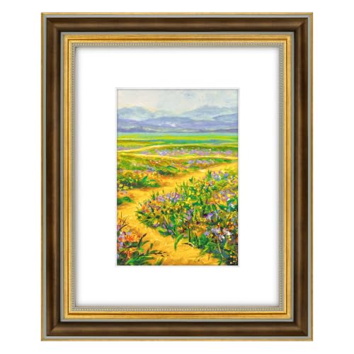 Image of Golden State Art,8x10 Ornate Picture Frame Holds 5x7 Photo,Brown Gold | Includes real glass front,white mat,easel stand,build-in hangers and buttons.Displays 5x7 photo on wall or tabletop