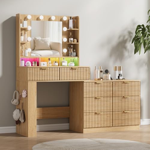 Image of Makeup Vanity Desk with Mirror and Lights, 57 inch Fluted Vanity Dresser Combo & Storage Shelves, Vanity Mirror with Mirror and Lights with 8 Drawers, 3 Color Modes, Dressing Table Set for Girls,Oak