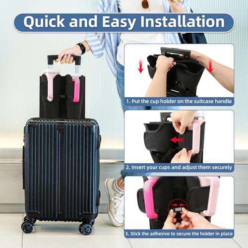 Image of Luggage Cup Holder for Suitcases, Compatible with 30-40 Oz Stanley Tumblers, Foldable Luggage Cup Holder with Phone & Ticket Pocket, Waterproof Hands-Free Travel Accessory (Black)