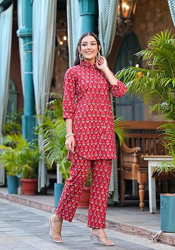 Greciilooks Women Cotton Blend Printed Casual Regular Fit Coord Set (Pink, Large)