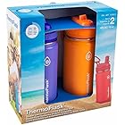Kids Water Bottle 16oz Thermos with Straw Lid - Dishwasher Safe Vacuum Insulated Double Wall Tumbler Travel Cup Stainless Steel - ThermoFlask Stainless Steel Water Bottle, 2-pack Orange and Purple Color.