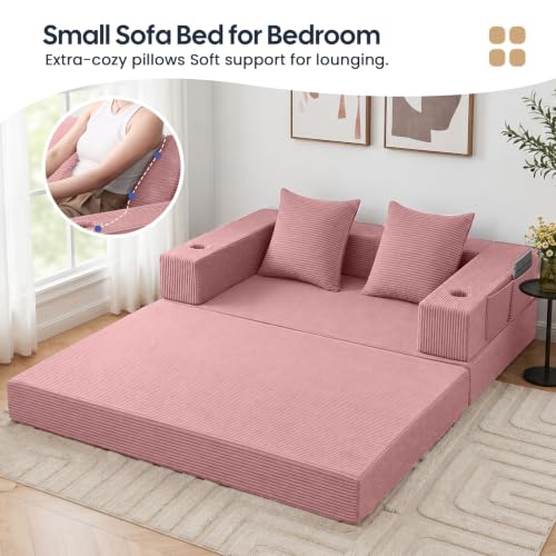 Image of COMAX Futon Sofa Bed, Convertible Sofa Bed, Folding Boneless Couches | Boneless Couch for living room, 4‑in‑1 Fold Out Small Foldable Loveseat Floor Sleeper Mattress Lounge Space‑Saving, Pink