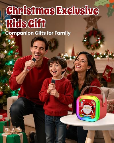 Image of CscyyAmz Santa Style Mini Karaoke Machine with 2 Wireless Microphones, Portable Bluetooth Speaker, Battery Powered, for Kids 4-12 Years (Santa Red)