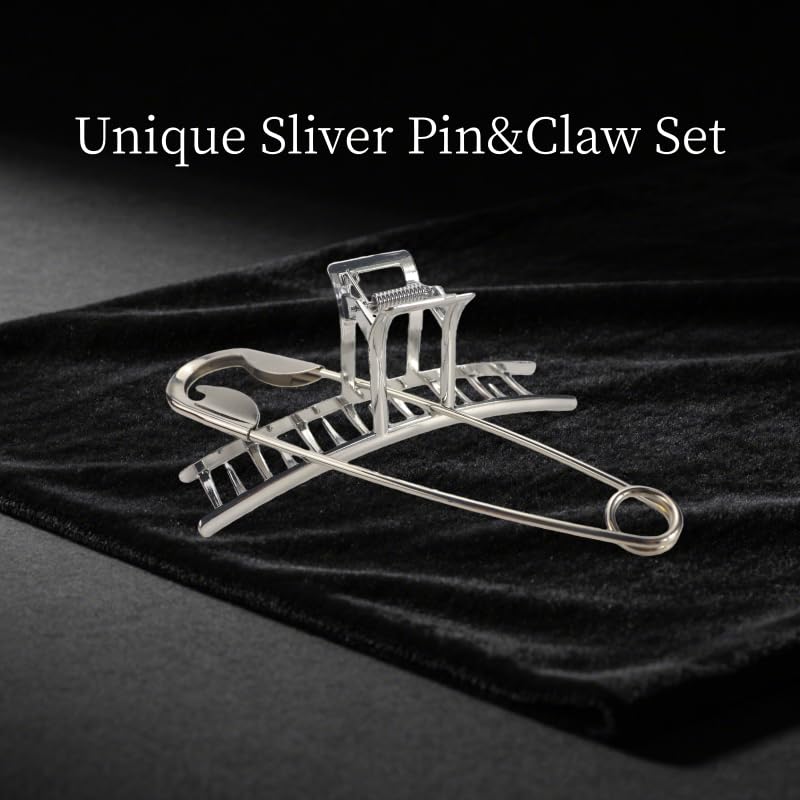 Goth Silver Metal Hair Styling Accessory Set, Extra Large Claw Clip and Oversized Safety Pin, Non-Slip Jaw Clip for Thick Hair, Stylish Headpieces for Daily&Party Outfit Bath Makeup Organize image 3