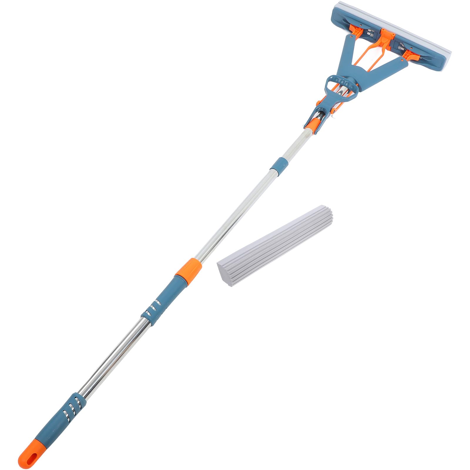 Blue Folding Sponge Mop Wet and Dry Dual Use Floor Cleaner 34cm with Double Heads for Household Bathroom Tile Cleaning