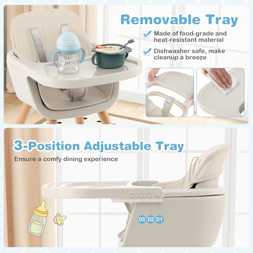 Image of Nightcore 3-in-1 Convertible Baby High Chair, Infant Multi-Purpose Dining Chair with Removable Tray & Adjustable Legs, Toddler Dining Chair with 5-Point Seat Belt & PU Pad (Beige)