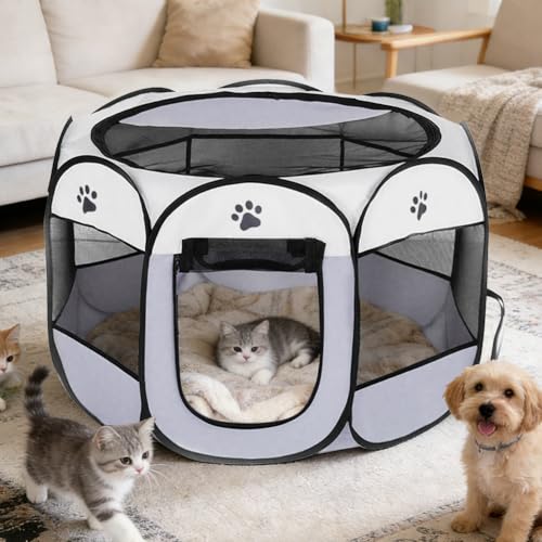 Tierlaufstall Faltbar 74x74x43cm, Welpenlaufstall aus Oxfordgewebe & Atmungsaktivem Netzstoff, für Sowohl Drinnen als Auch Draußen, Katzen, Hunde, Kaninchen und Kleintiere (Graue Hundeklauen)