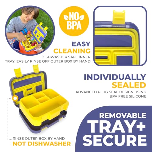 Bento Box, Insulated Lunch Bag, Ice Pack & Water Bottle Set for Kids - 5 Compartments, Lunches or Snack Container Boys Toddlers Daycare Pre-School, Kindergarten Blue Yellow Trucks by kinsho - Image 4