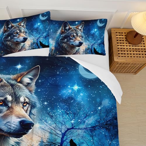 Image of Wolf Comforter Set King for Boys Girls,Wolf Night Moon Galaxy Bed Set,Woodland Wild Animals Theme Comforter Set with 2 Pillowcase,Rustic Blue Black Bedding Set for Bedroom Decor