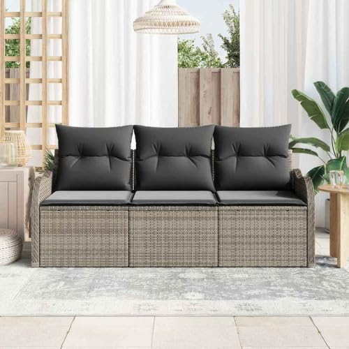 Homgoday Set Divano da Giardino a 3 Pezzi con Cuscini Grigi in Rattan Polietilene, Set Divano Letto Sofà Soggiorno Divanoletto, Set Divano Moderno Divani per Esterno da Giardino