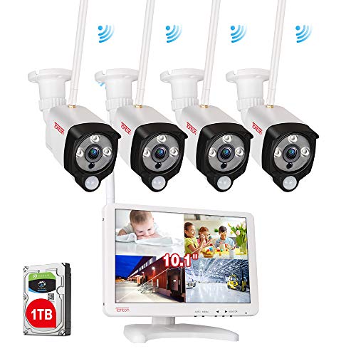 [2 Way Audio]Tonton Expandable Wireless All-in-One Full HD 1080P Security Camera System with 11 Inch Monitor,4CH WiFi NVR with 1TB HDD,4PCS 2MP Outdoor Bullet IP Cameras with PIR Sensor,Plug and Play