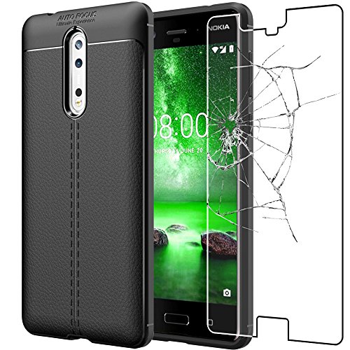 ebestStar - Coque Compatible avec Nokia Nokia 8 Etui Housse Silicone TPU Souple Anti-Choc Motif Cuir, Noir + Film Verre Trempé [NB: Lire Description] [Appareil: 151.5 x 73.7 x 7.9mm, 5.3'']