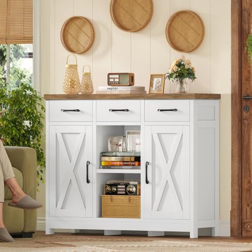 Image of TEENFON Storage Cabinet, Coffee Bar Cabinet with 3 Drawers, 2 Adjustable Shelves & 2 Doors, Buffet Cabinet, Kitchen Cabinet for Kitchen, Dining Room, Living Room, White