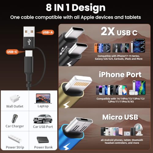 Image of 4 in 2 Multi Charging Cable, USBA /C Charging Cords for Multiple Devices | Dual Type-C Ports Multiple Phone Charger Cord, Travel Essentials for iPhone17-8 /Android /Pad, Car, Camping and More, 2Pack 5FT